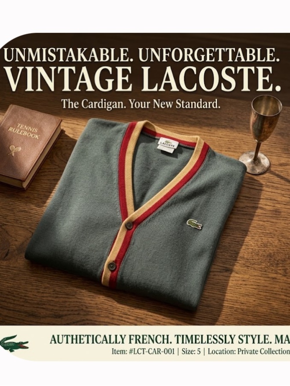 Lacoste Vintage Green Cardigan with Red & Tan Trim